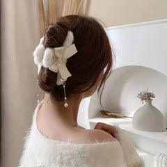 Bowknot Tassel Faux Pearl Plush Hair Claw Clip Strong Grip Hair Jaw Clip