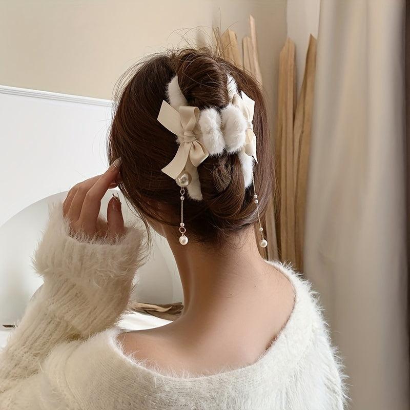 Bowknot Tassel Faux Pearl Plush Hair Claw Clip Strong Grip Hair Jaw Clip