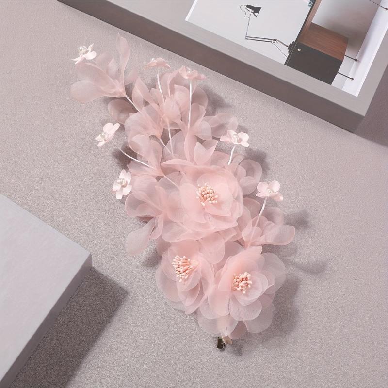 Salmon Pink Flower Hair Clip Large Mesh Flower Duck Billed Clip