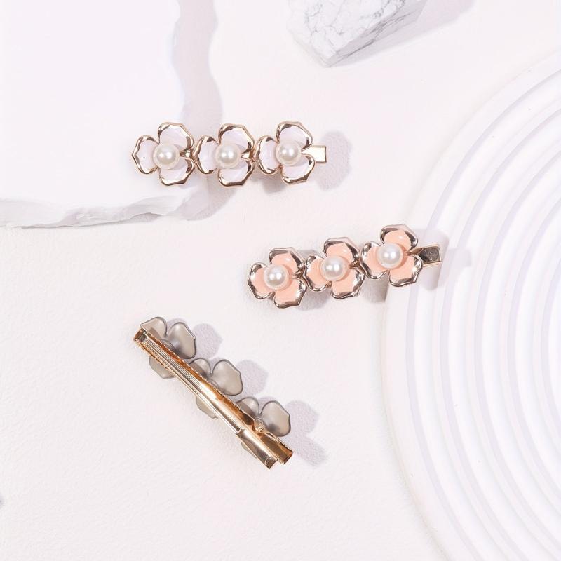 3pcs Sweet Flower Hair Clip Faux Pearl Duck Billed Clip Style Hair Clip