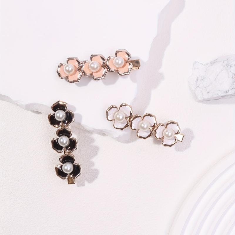 3pcs Sweet Flower Hair Clip Faux Pearl Duck Billed Clip Style Hair Clip