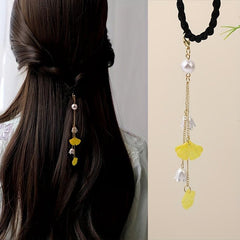 Chinese Hair Tie Ginkgo Leaf Bell Orchid Faux Pearl Tassel Hair Ring Women Girls