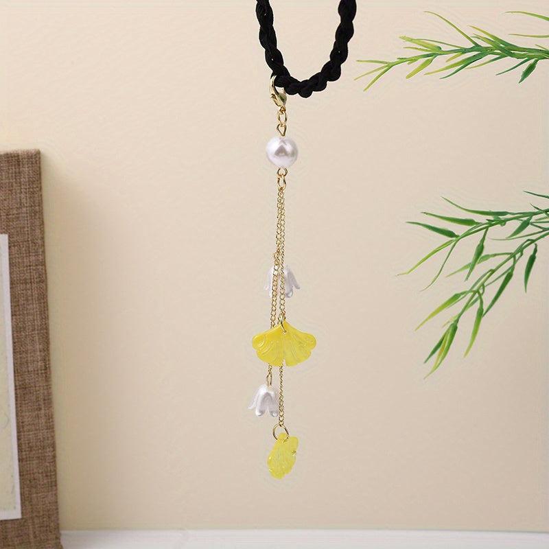 Chinese Hair Tie Ginkgo Leaf Bell Orchid Faux Pearl Tassel Hair Ring Women Girls