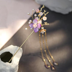Hanfu Hairpin Faux Pearl Flower Leaf Tassel Chignon Vintage Chinese Style