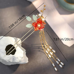 Hanfu Hairpin Faux Pearl Flower Leaf Tassel Chignon Vintage Chinese Style