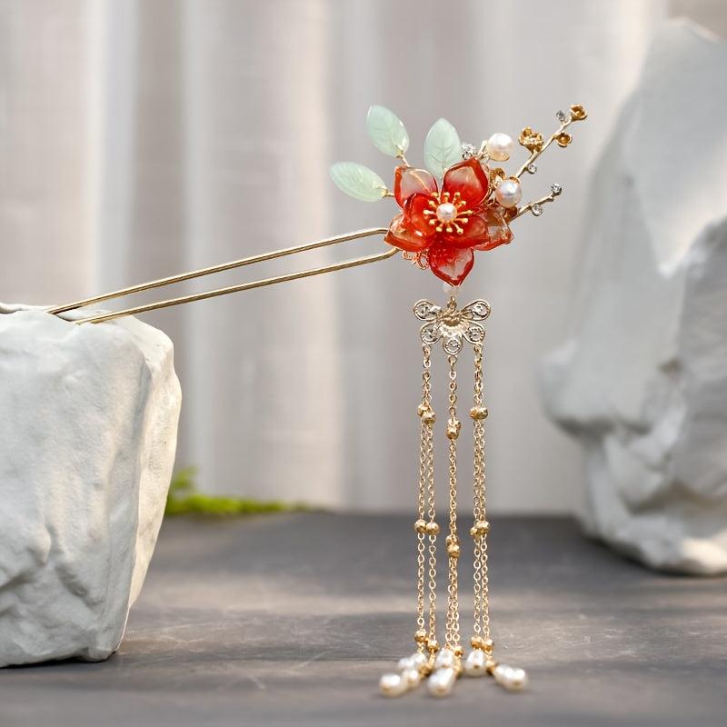 Hanfu Hairpin Faux Pearl Flower Leaf Tassel Chignon Vintage Chinese Style