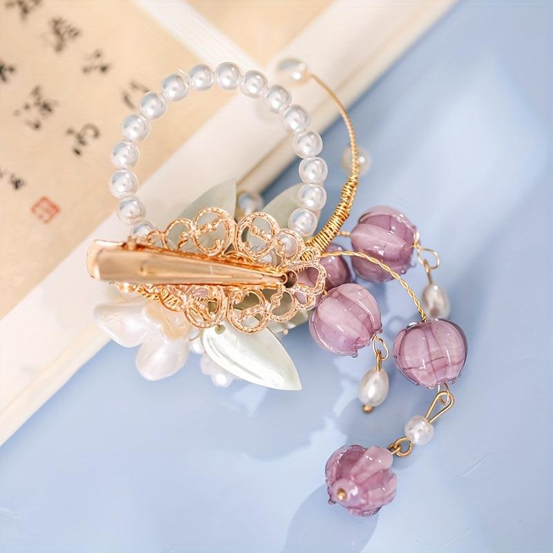 Purple Flower Hair Clip Faux Pearl Bracelet Dual Purpose Hair Clip