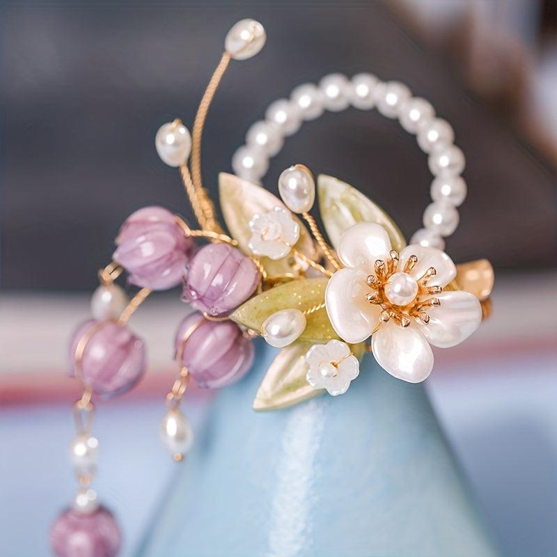 Purple Flower Hair Clip Faux Pearl Bracelet Dual Purpose Hair Clip