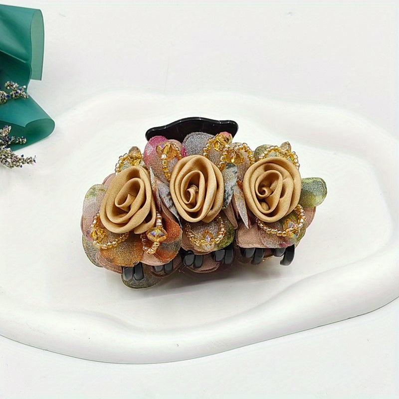 Vintage Fabric Flower Hair Claw Beaded Hair Claw Nonslip Ponytail Holder