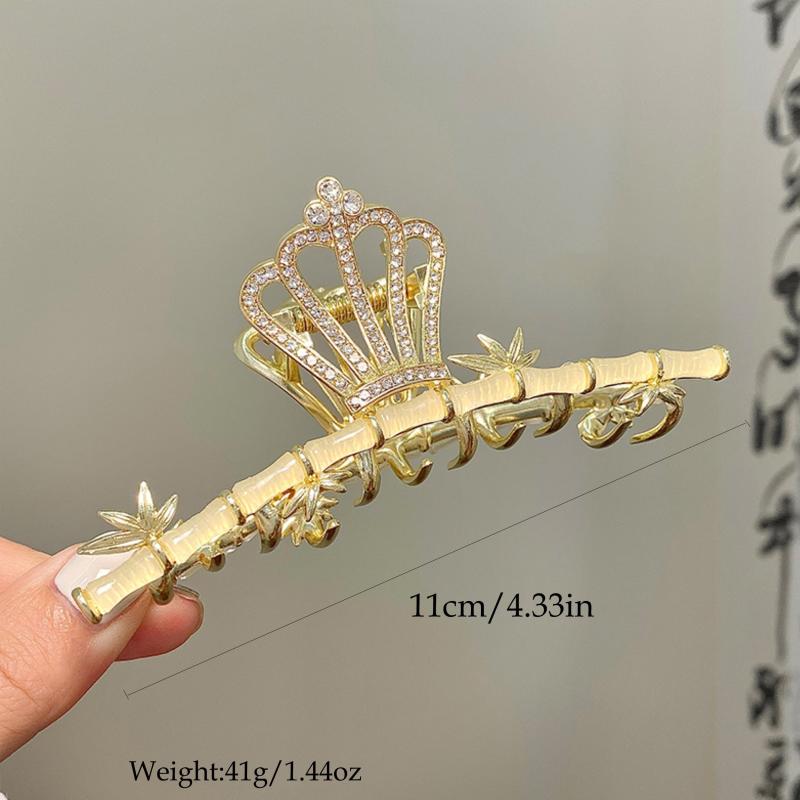Metal Rhinestone Jade Stone Bamboo Chinese Hair Claw Nonslip Ponytail Holder