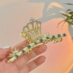 Metal Rhinestone Jade Stone Bamboo Chinese Hair Claw Nonslip Ponytail Holder