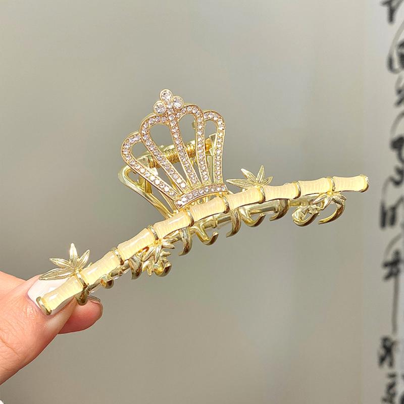 Metal Rhinestone Jade Stone Bamboo Chinese Hair Claw Nonslip Ponytail Holder