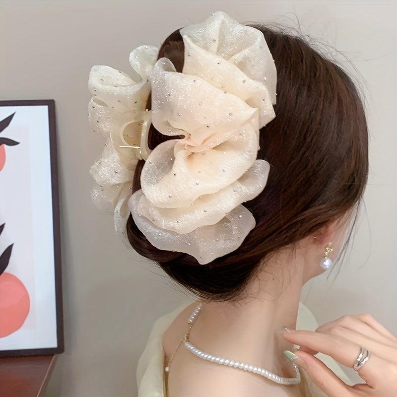 Ruffled Bow Hair Claw Glitter Rhinestone Hair Claw Nonslip Ponytail Holder