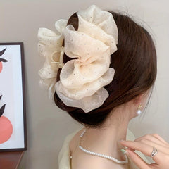 Ruffled Bow Hair Claw Glitter Rhinestone Hair Claw Nonslip Ponytail Holder