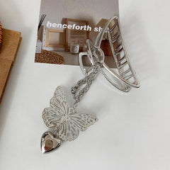Vintage Silver Hair Claw Pin Hollow Out Butterfly Heart Tassel Hair Clip