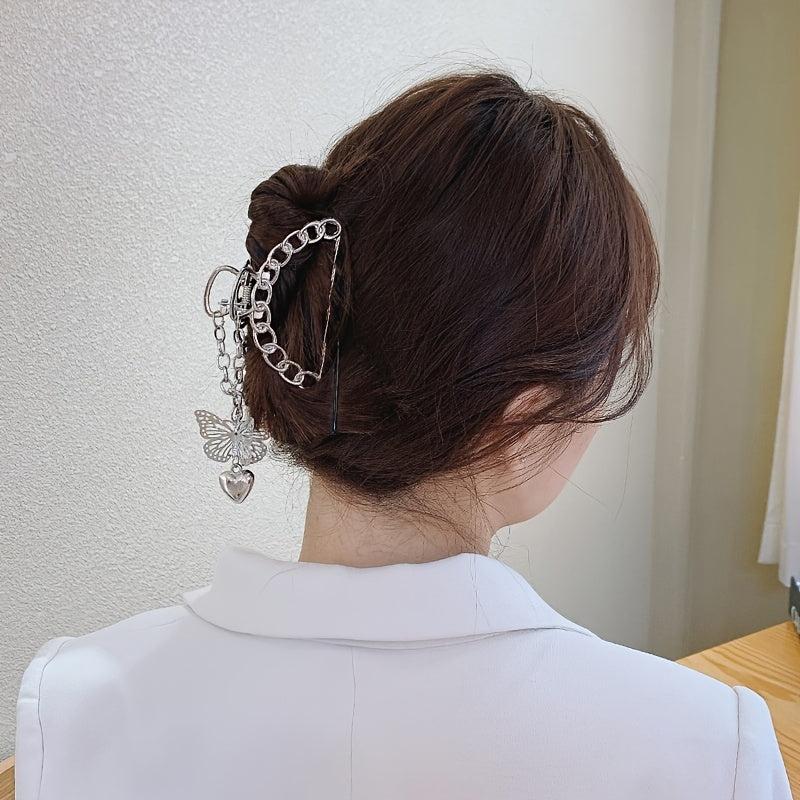 Vintage Silver Hair Claw Pin Hollow Out Butterfly Heart Tassel Hair Clip