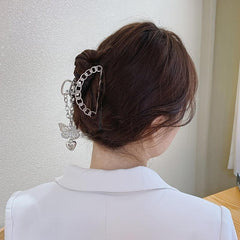Vintage Silver Hair Claw Pin Hollow Out Butterfly Heart Tassel Hair Clip