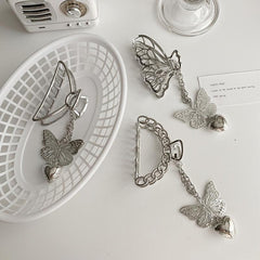Vintage Silver Hair Claw Pin Hollow Out Butterfly Heart Tassel Hair Clip