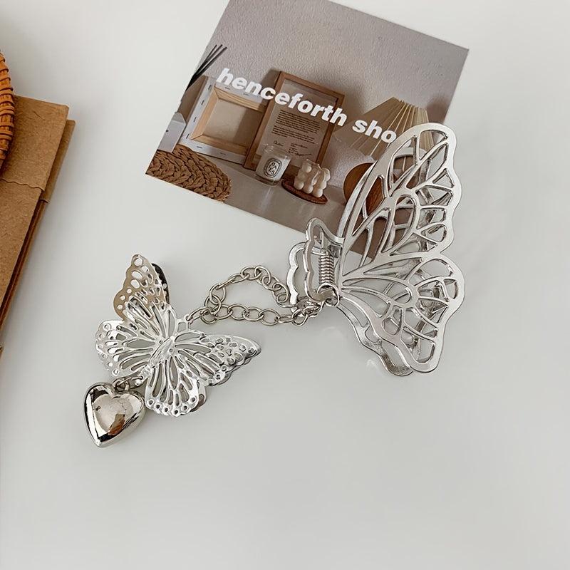 Vintage Silver Hair Claw Pin Hollow Out Butterfly Heart Tassel Hair Clip