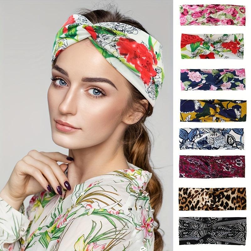 Floral Pattern Headband Elastic Boho Hair Band Cross Knotted Hair Accessories