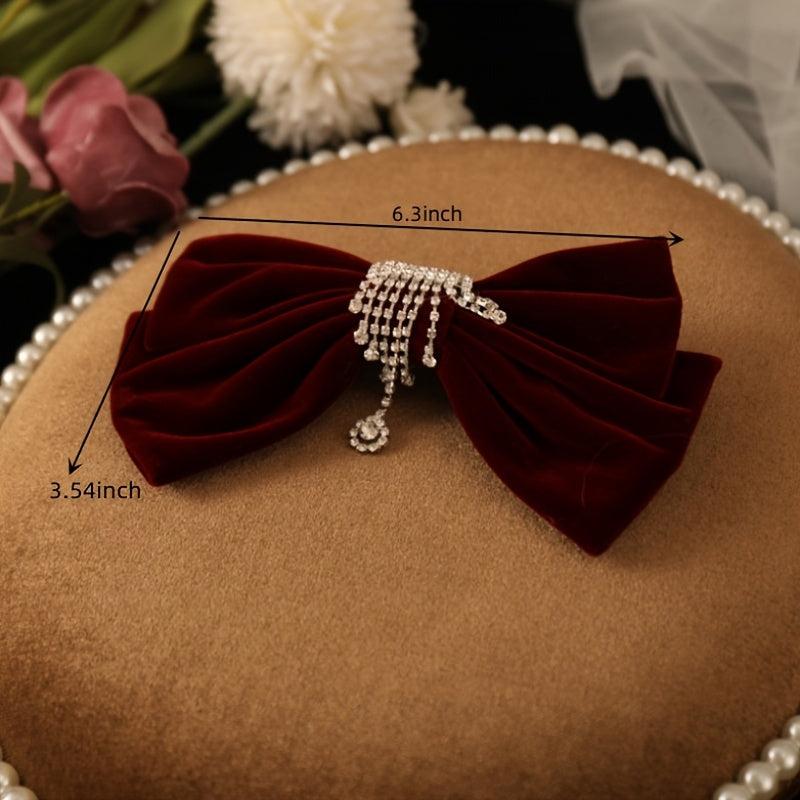 Vintage Velvet Bow Knot Hair Clip Rhinestone Tassel Barrette Clip