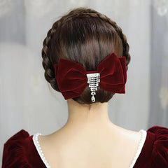 Vintage Velvet Bow Knot Hair Clip Rhinestone Tassel Barrette Clip