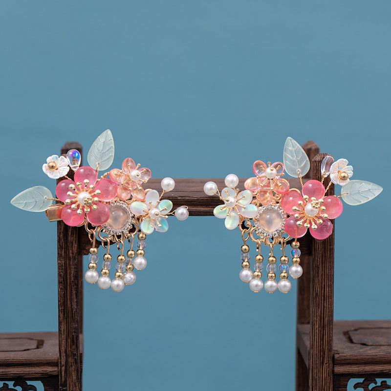 Peach Tassel Flower Leaves Hairpin Headdress Vintage Hair Accessories