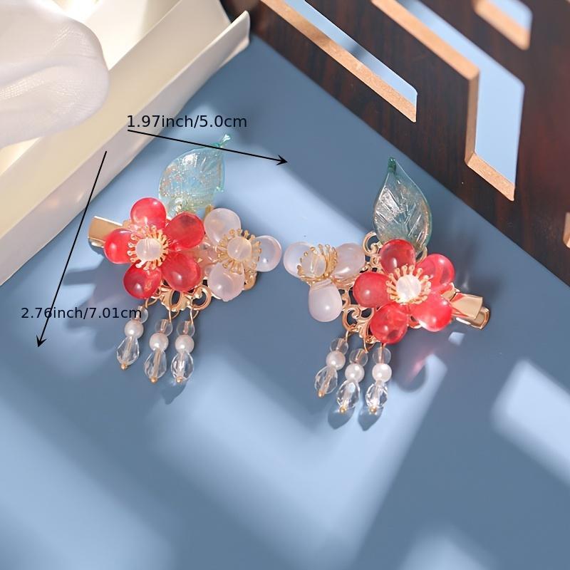 Peach Tassel Flower Leaves Hairpin Headdress Vintage Hair Accessories