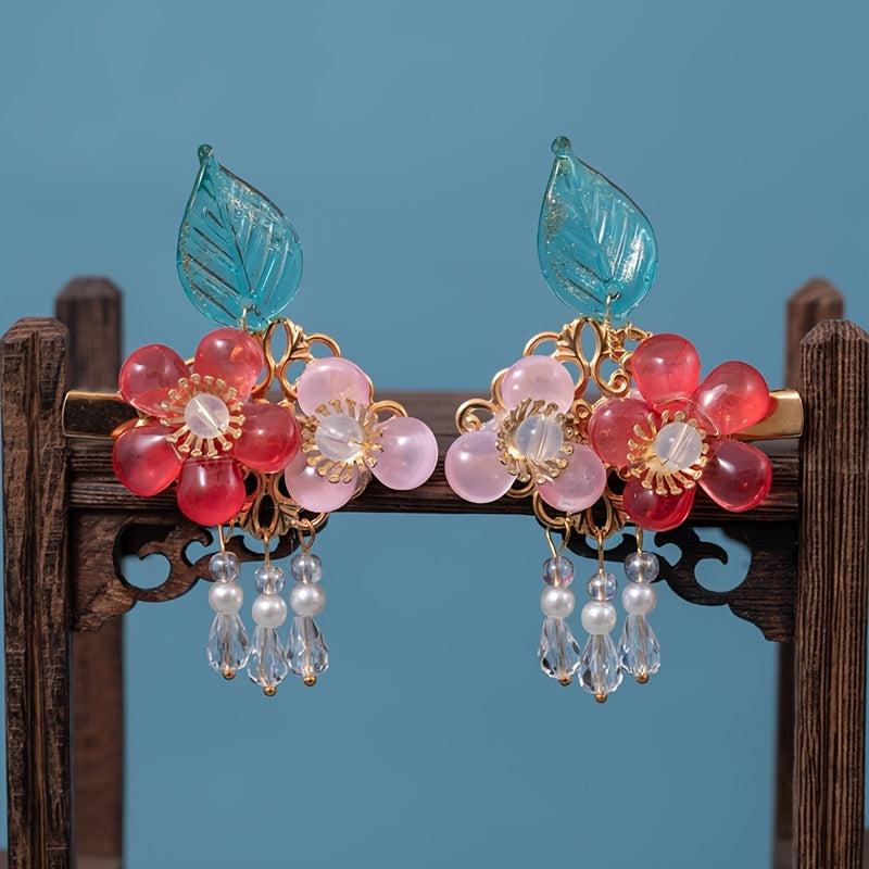 Peach Tassel Flower Leaves Hairpin Headdress Vintage Hair Accessories