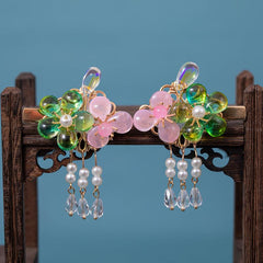 Peach Tassel Flower Leaves Hairpin Headdress Vintage Hair Accessories