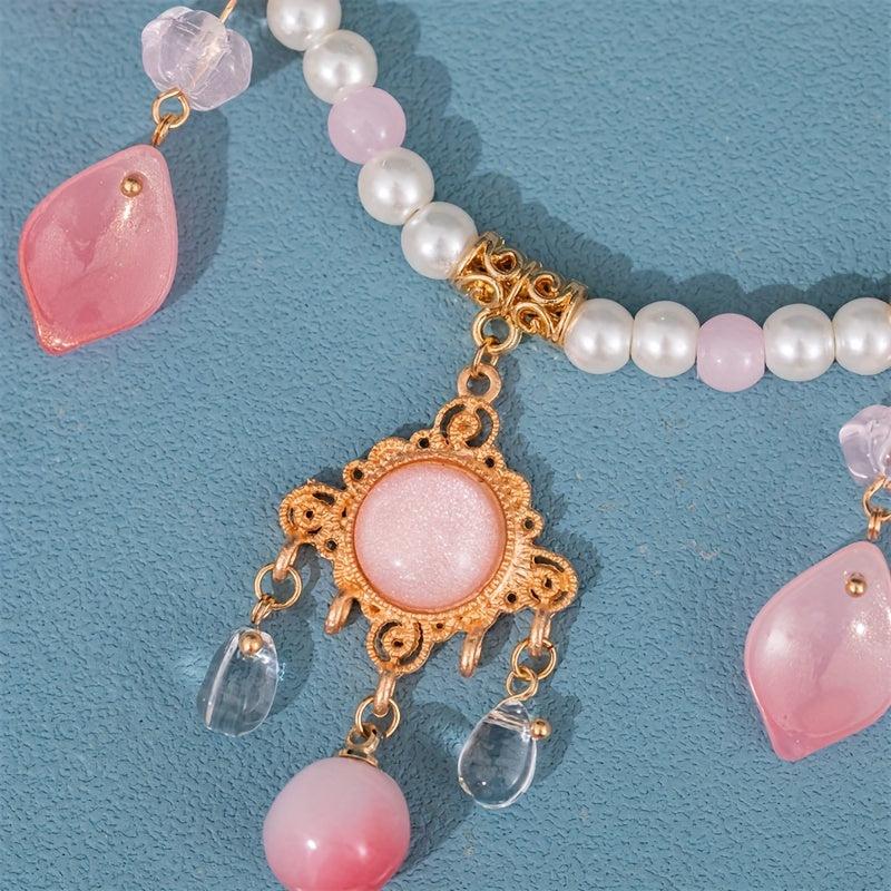 Vintage Faux Pearl Beaded Bracelet Necklace Peach Pendant Cheongsam Accessories