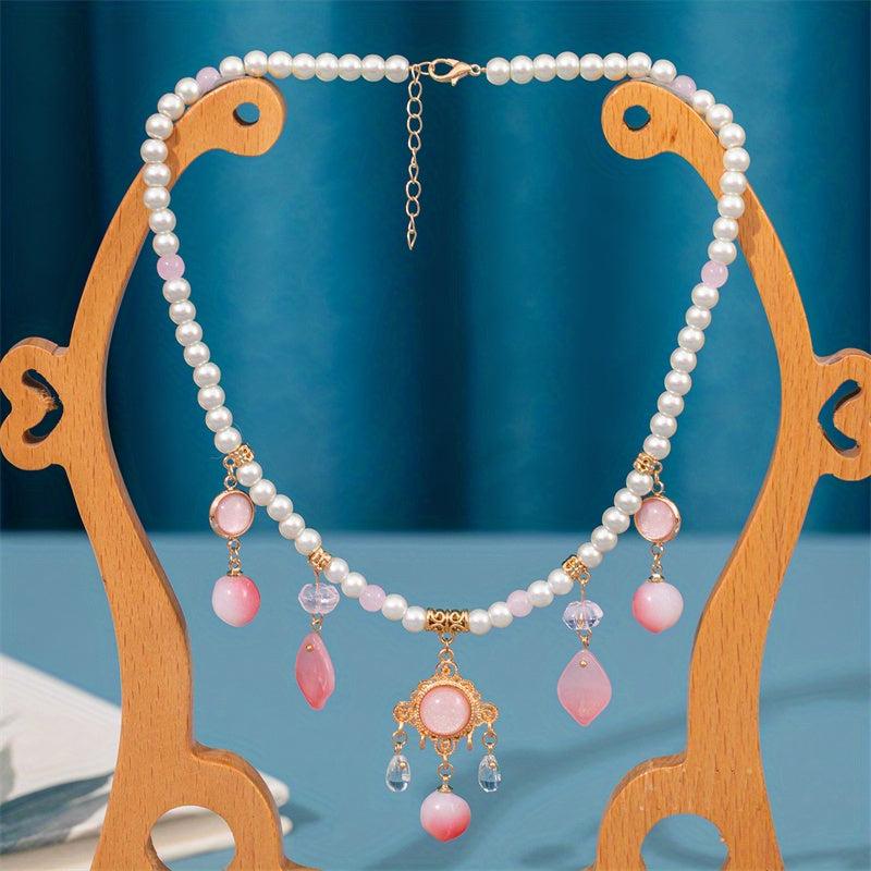 Vintage Faux Pearl Beaded Bracelet Necklace Peach Pendant Cheongsam Accessories