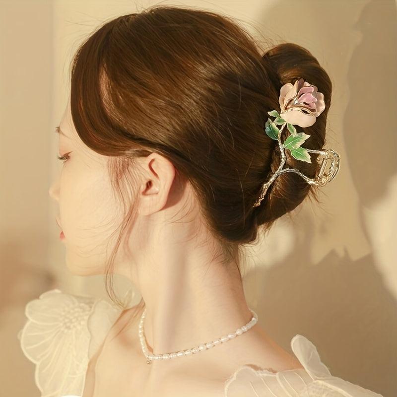 Alloy Pink Rose Hair Claw Clip Non-Slip Shark Claw