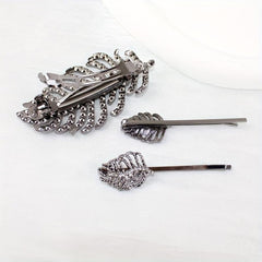 Leaf Rhinestone Hairpin Metal Hair Clip for Women Girls