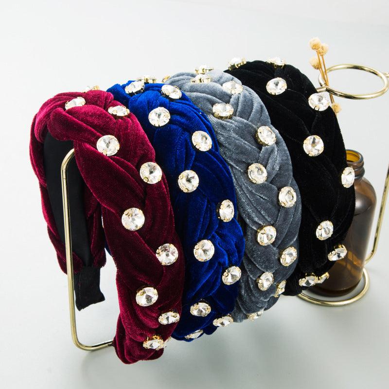 Rhinestone Velvet Braided Headband Wide Brim Headdress Hair Acces