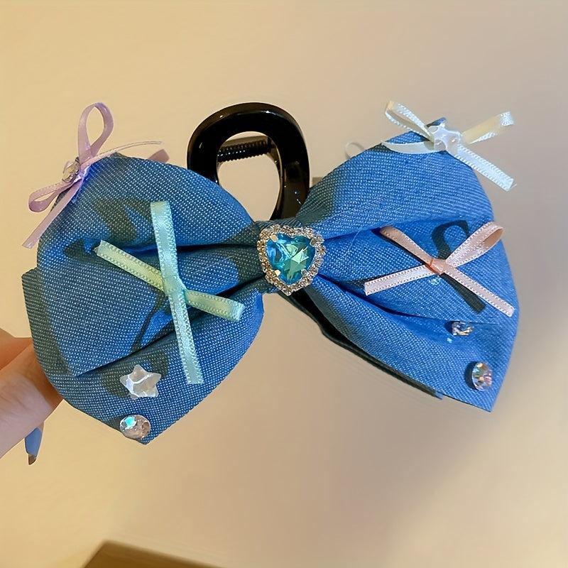 Women Denim Bow Hair Claw Rhinestone Heart Decor Hair Claw