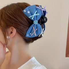 Women Denim Bow Hair Claw Rhinestone Heart Decor Hair Claw