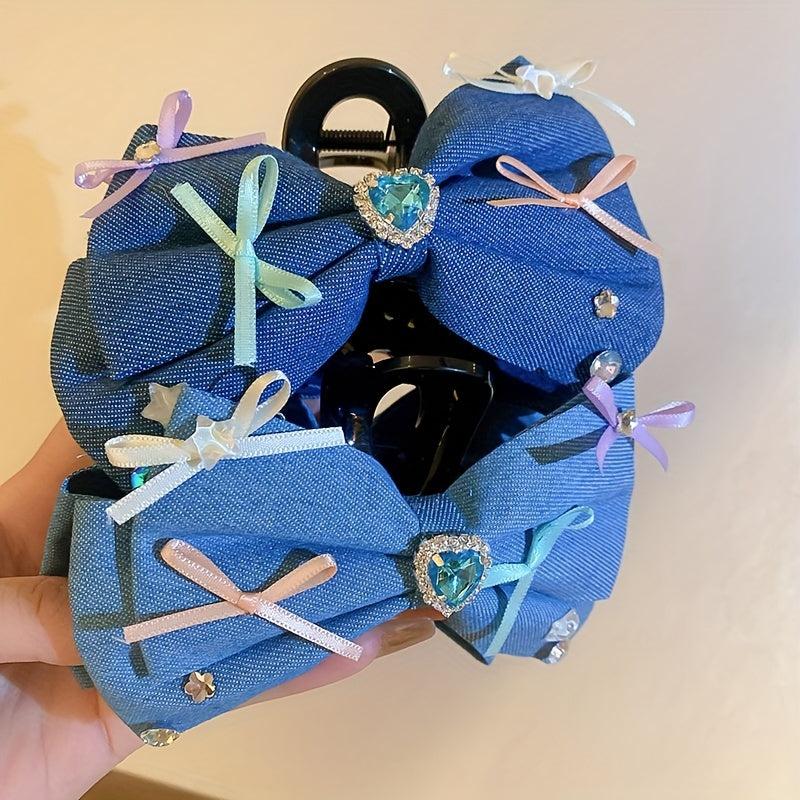 Women Denim Bow Hair Claw Rhinestone Heart Decor Hair Claw