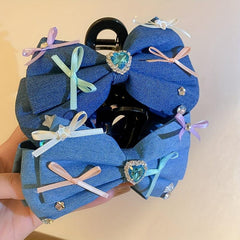 Women Denim Bow Hair Claw Rhinestone Heart Decor Hair Claw