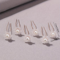 6pcs Faux Pearl Flower Hair Stick Bridal Hair Fork Wedding Hairpin