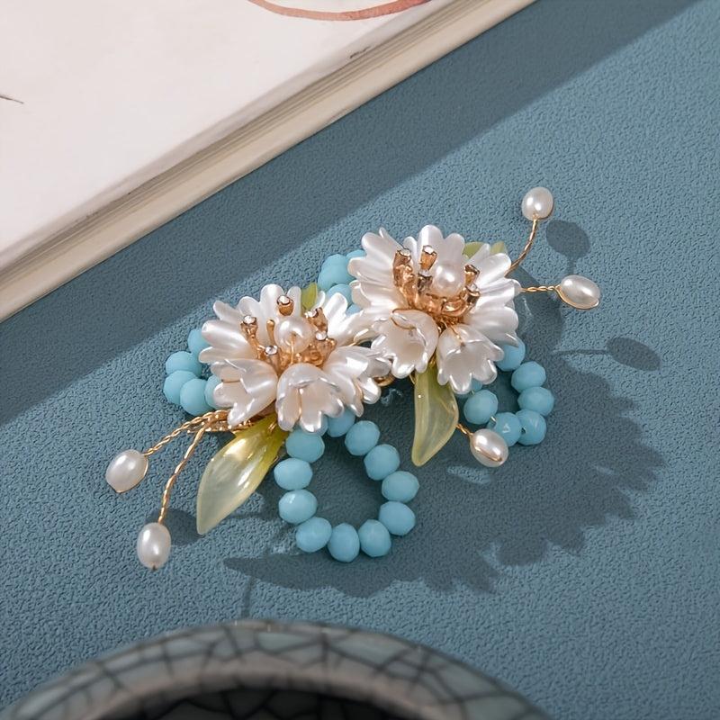 Vintage Flower Leaf Faux Pearl Hairpin Chinese Style Hair Clip B