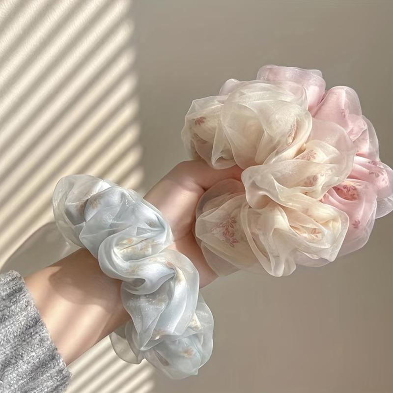 Floral Print Organza Scrunchies Hair Tie Ponytail Holder
