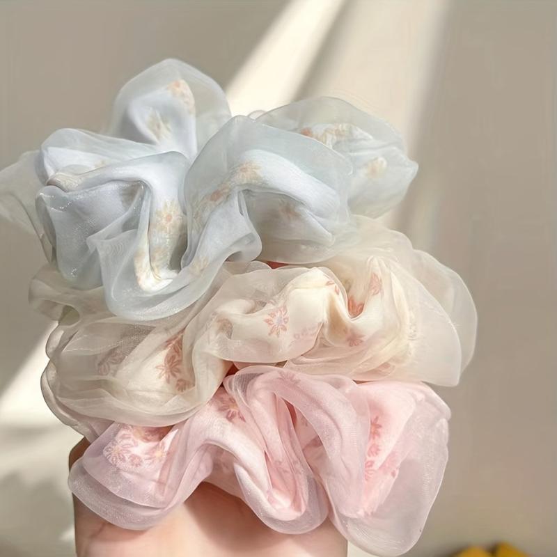 Floral Print Organza Scrunchies Hair Tie Ponytail Holder