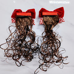 2Pcs Red Bow Hair Clip with Rhinestones Faux Curly Hair