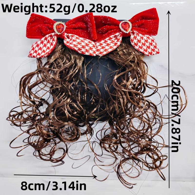 2Pcs Red Bow Hair Clip with Rhinestones Faux Curly Hair
