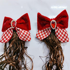 2Pcs Red Bow Hair Clip with Rhinestones Faux Curly Hair