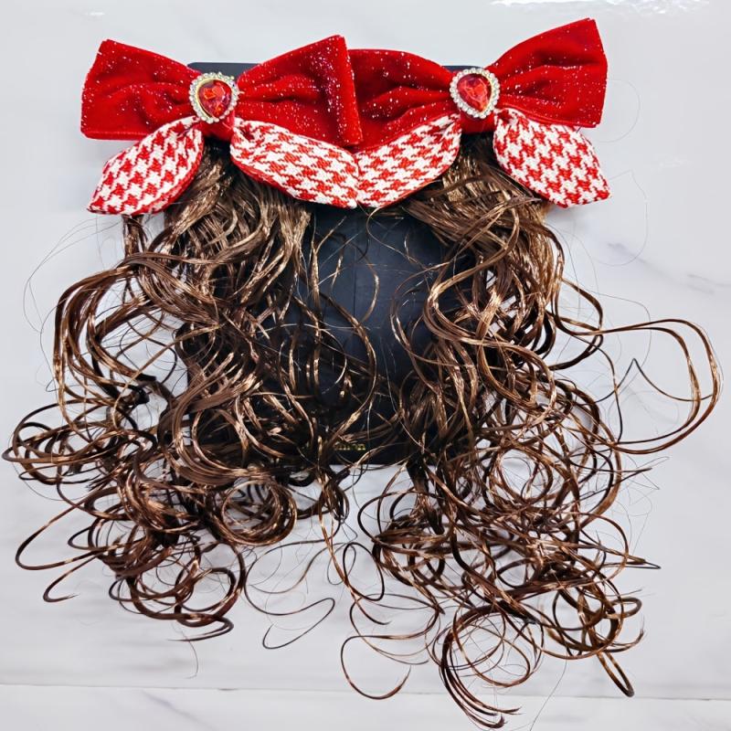 2Pcs Red Bow Hair Clip with Rhinestones Faux Curly Hair
