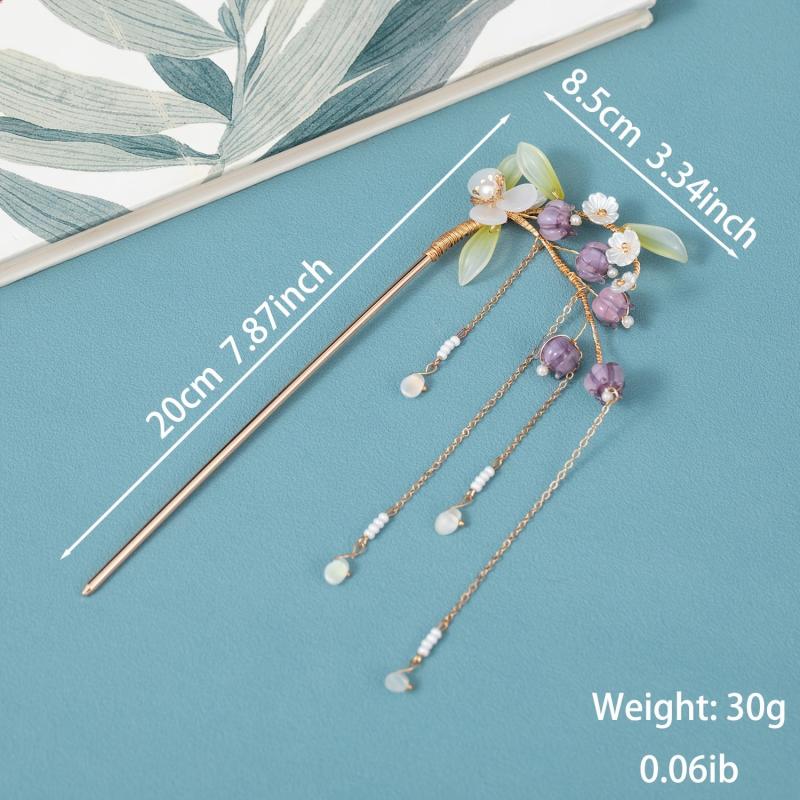 Ancient Style Hairpin Women's Headdress Beads Tassel Purple Lily