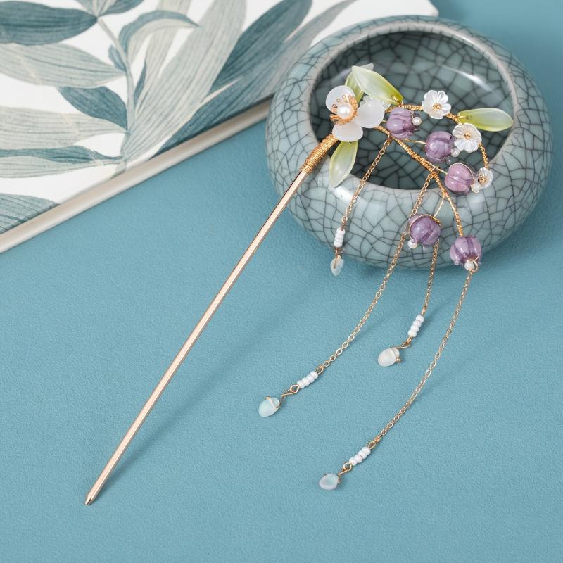 Ancient Style Hairpin Women's Headdress Beads Tassel Purple Lily