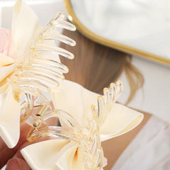 Sweet Mesh Camellia Bow Pearl Hair Claw Girls Hair Clip
